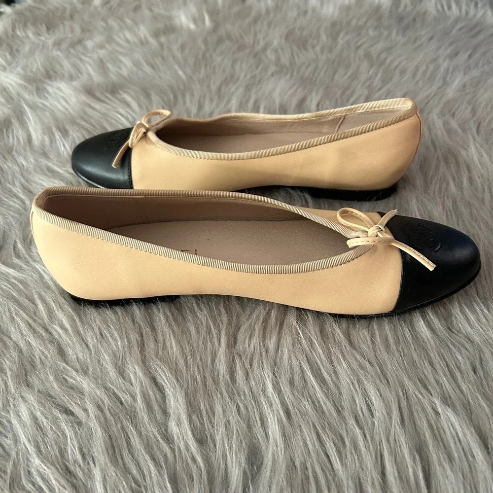 CHANEL Ballet Flats Women's Size 41 Two Tone Beige Black Shoes Lambskin CC Logo